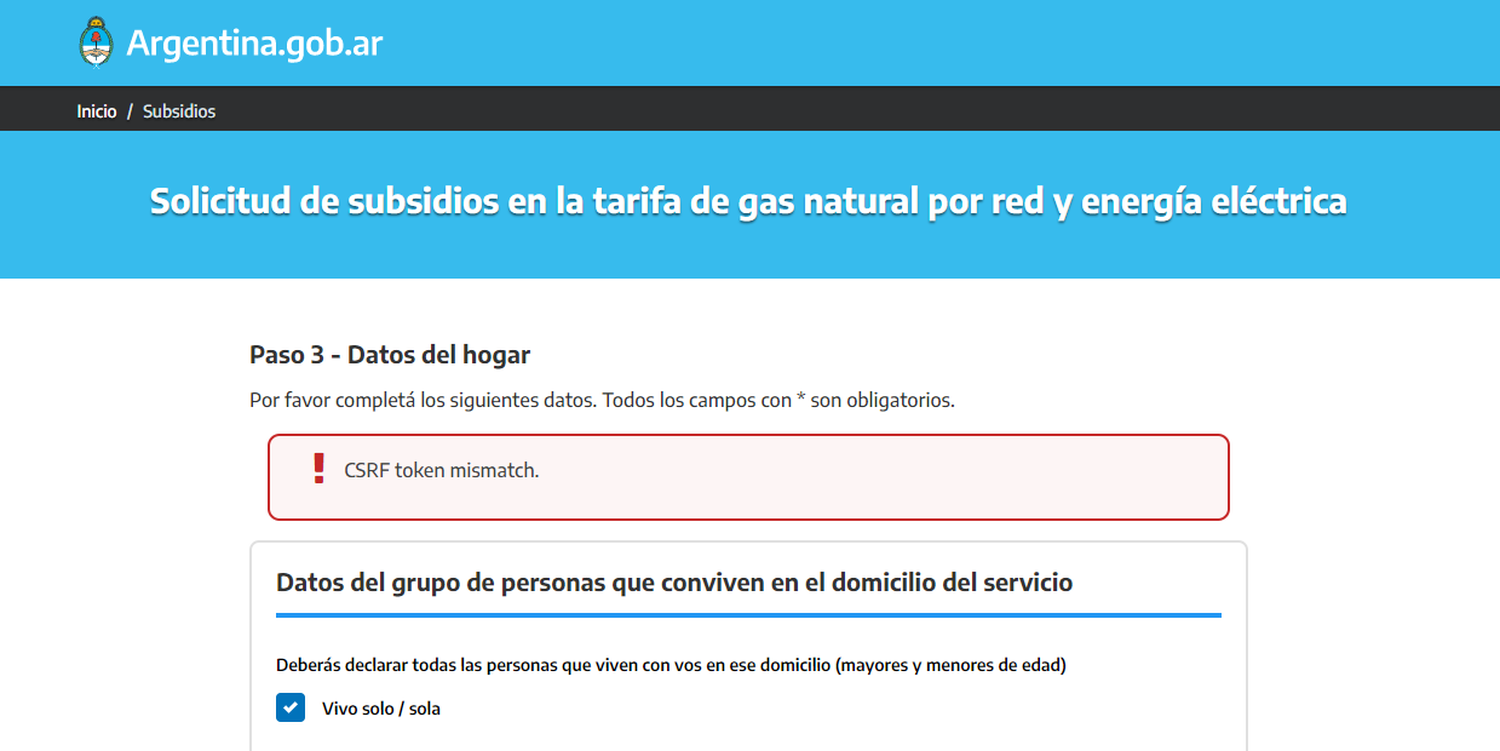 Error csrf token mismatch: Dolores de cabeza para completar el formulario para mantener el subsidio de luz y gas