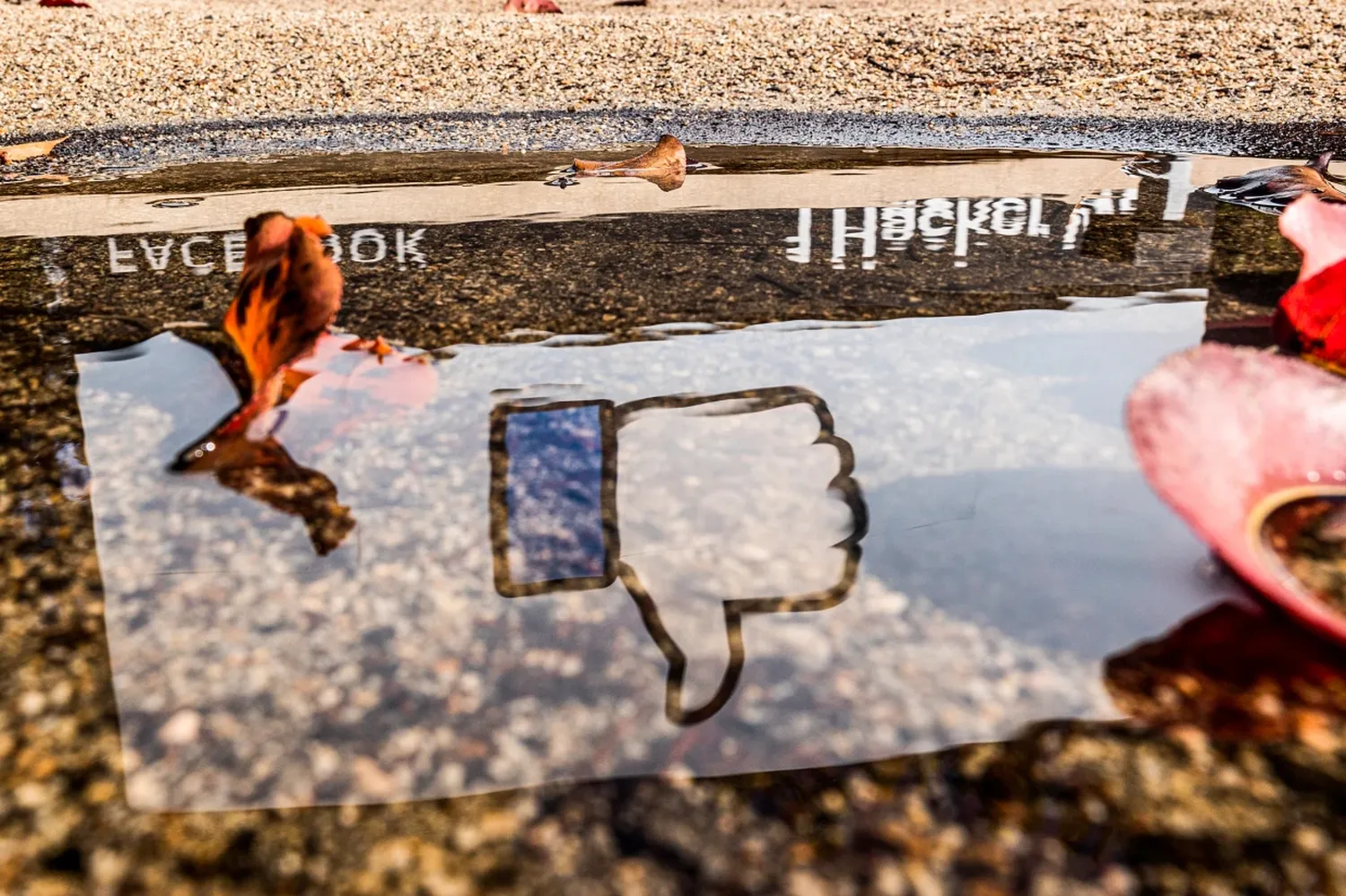 The Facebook logo reflected in a puddle at the company’s headquarters in Menlo Park, Calif