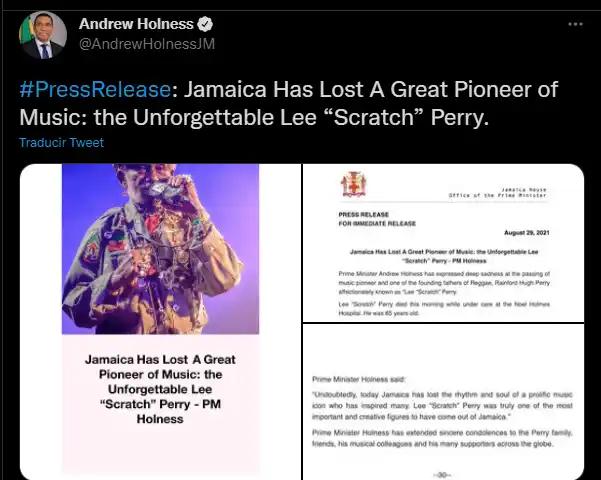 El primer ministro de Jamaica informó del deceso de Lee "Scratch" Perry en Twitter. 