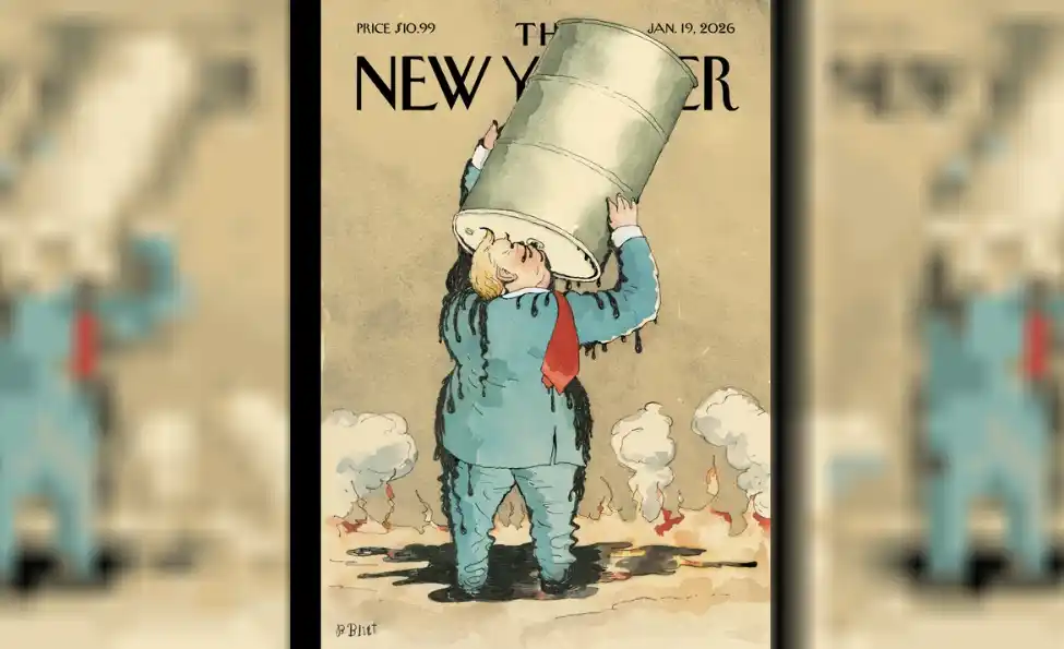 La ilustración, titulada "Guzzler" (Tragón), muestra al presidente Donald Trump bebiendo petróleo directamente de un barril.