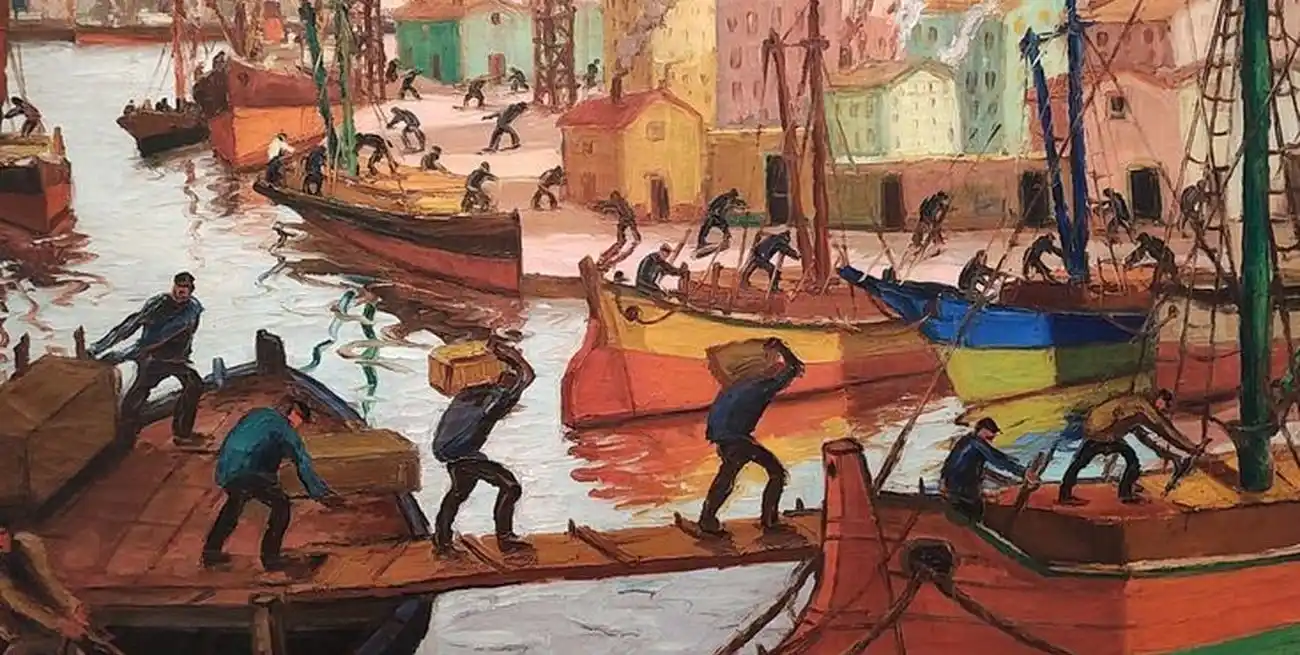 Fragmento de la obra “Elevadores a pleno sol”, de Benito Quinquela Martín. Foto: Museo Nacional de Bellas Artes