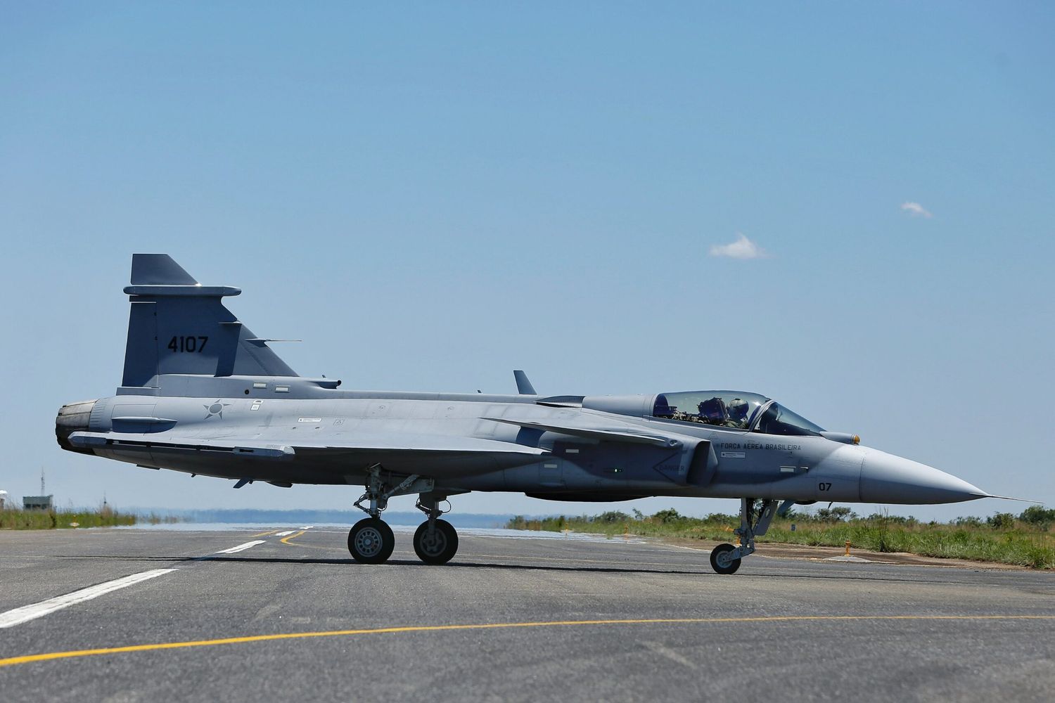 New F-39 Gripen fighter of the Brazilian Air Force flies to its destination base