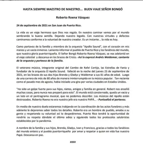 El comunicado de la familia de Roberto Roena en instagram