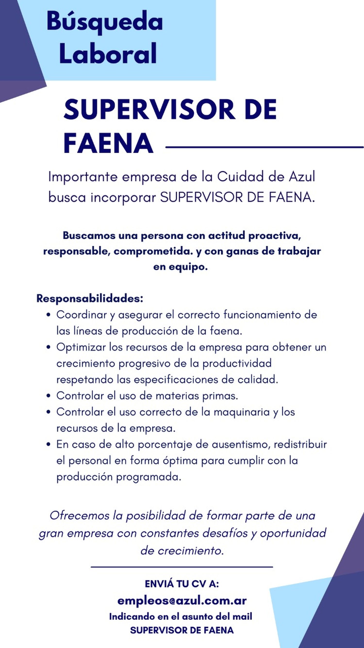 Búsqueda laboral: supervisor de faena