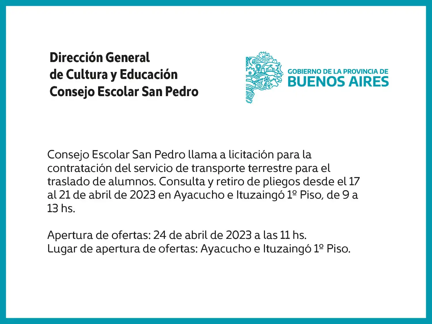 [Publicación Oficial] Consejo Escolar San Pedro: Licitación servicio de transporte terrestre