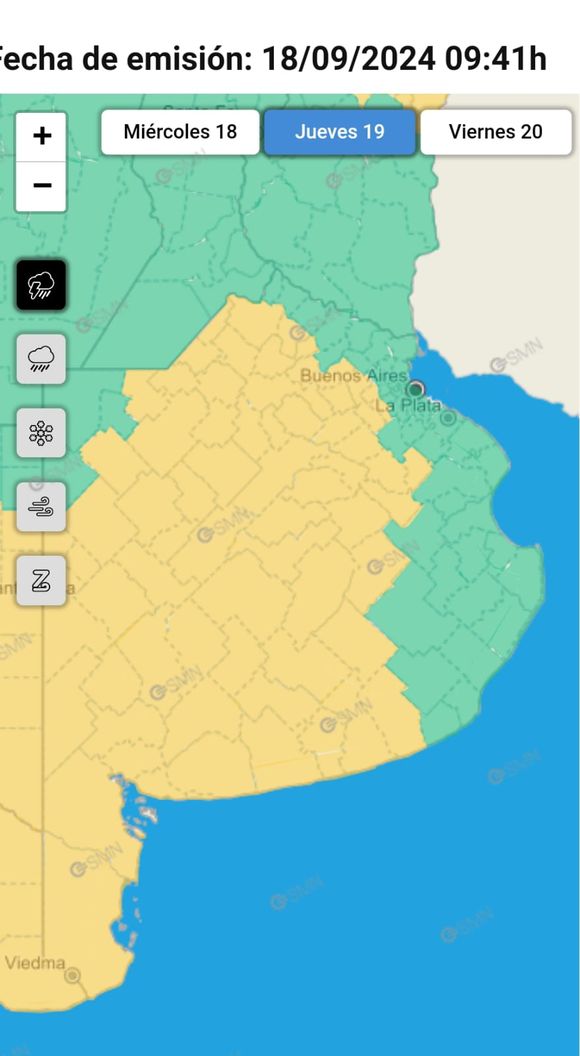 Alerta amarillo para el Jueves 19