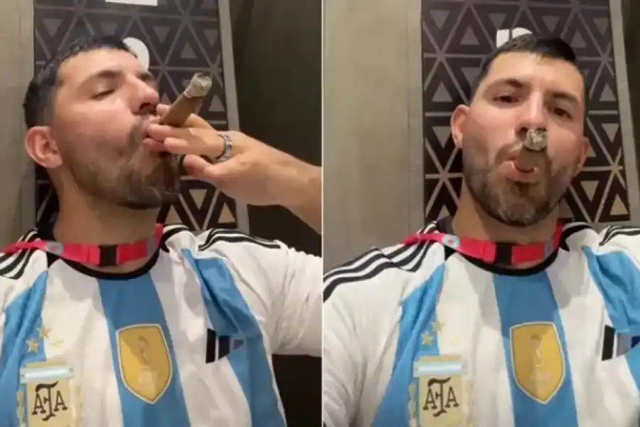 Kun Agüero fumó un habano durante los festejos en el vestuario y le dedicó un tierno mensaje a Messi