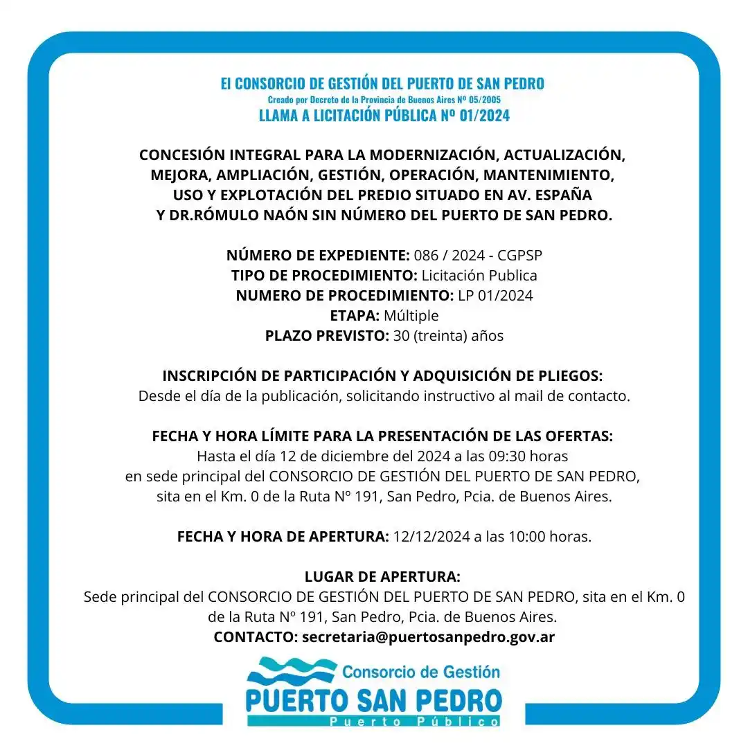 El Consorcio de Gestión del Puerto de San Pedro  llama a licitación pública