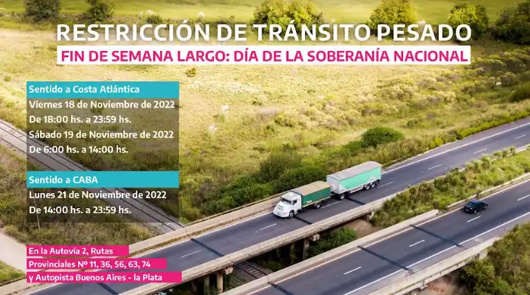 Fin de semana largo Día de la Soberanía Nacional: Restricción de camiones en rutas de Provincia de Buenos Aires