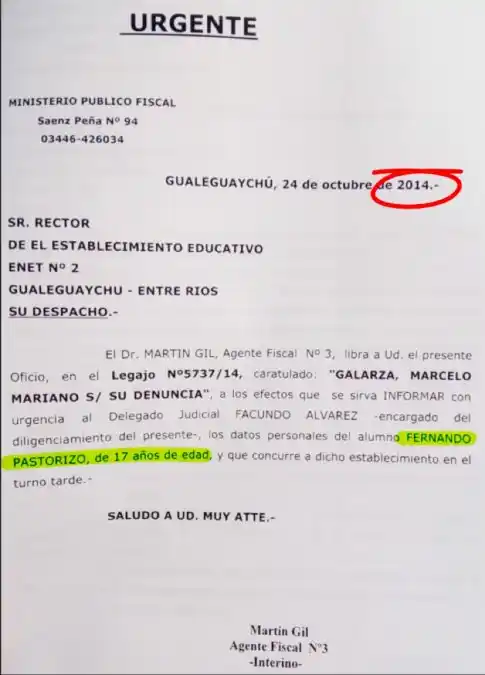 Esta es la circular que el fiscal Martín Gil (el que investigó el supuesto secuestro de Nahir Galarza en 2014) envió a la ENET para citar como testigo (no como implicado) a Pastorizzo.