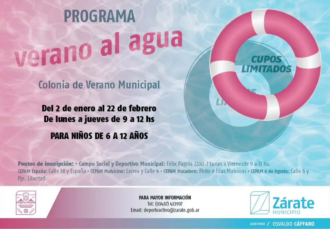 Zárate: Este martes comienza “Verano al agua”, la colonia municipal gratuita de vacaciones