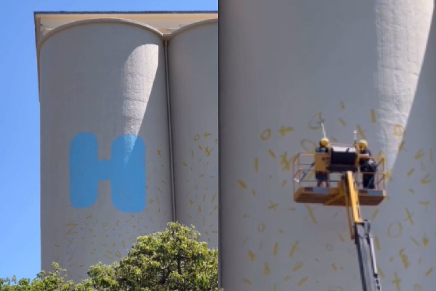 Chau rosa, "¡Hola mamá!": comienza la nueva obra de un reconocido muralista que decorará los silos