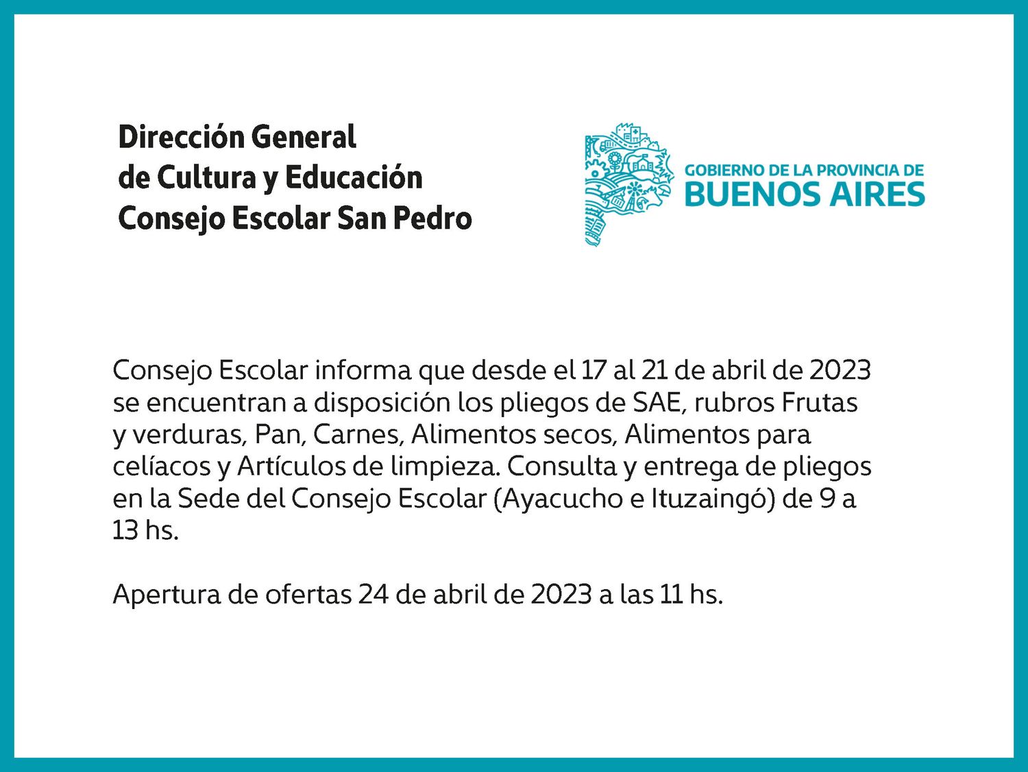 [Publicación Oficial] Consejo Escolar San Pedro: Pliegos de SAE para alimentos disponibles