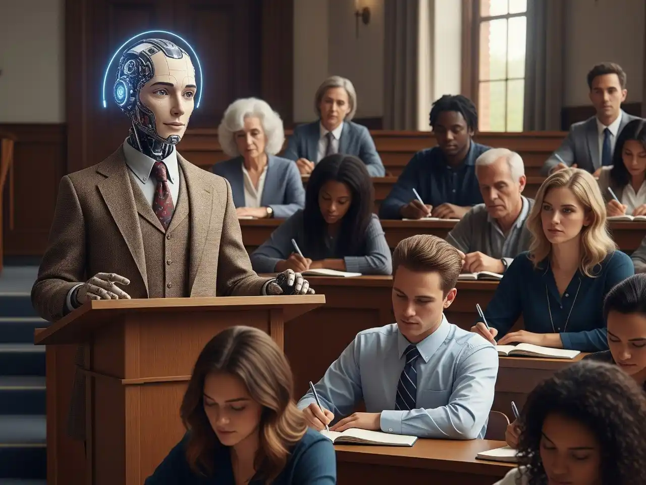 Una escena universitaria del presente: mientras los alumnos luchan por no ser confundidos con máquinas, las máquinas ya toman apuntes.