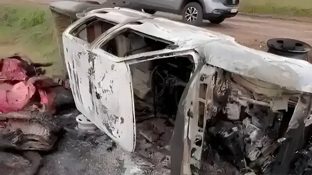 La S-10 quedó volcada e incendiada junto a restos de animales. Foto: Ecos Diarios