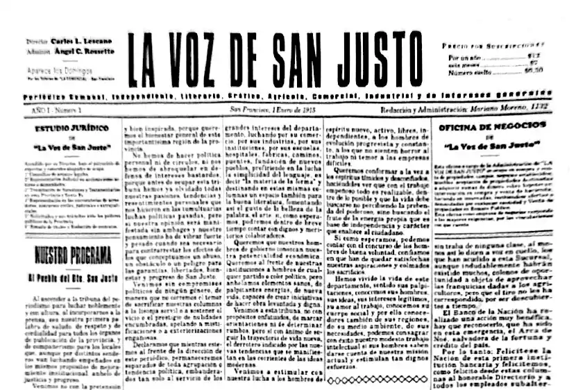 Portada de la primera edición de LA VOZ DE SAN JUSTO, el 1 de enero de 1915