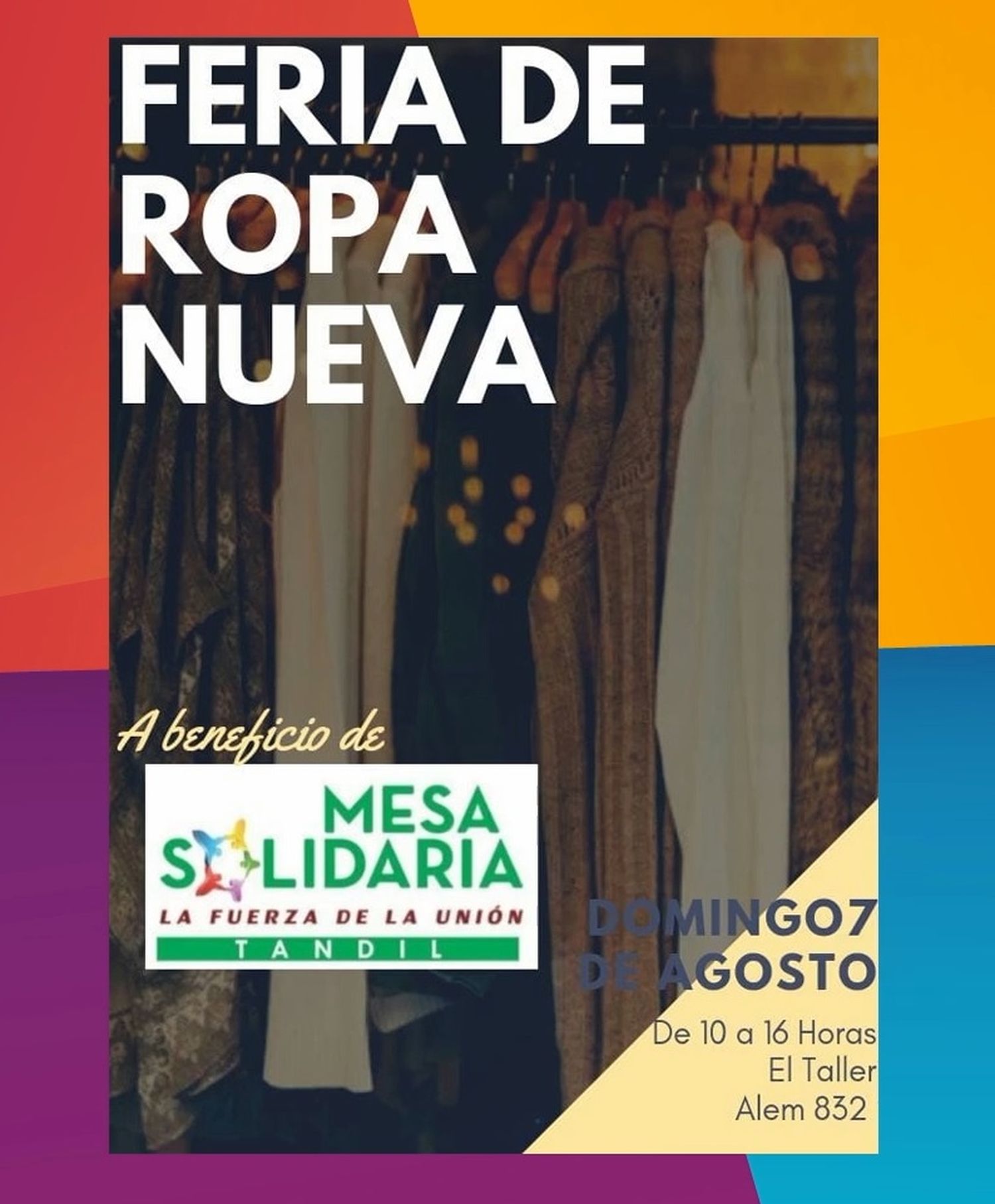 El domingo de 10 a 16 se realizará una feria de ropa nueva en Alem 832 a beneficio de Mesa Solidaria