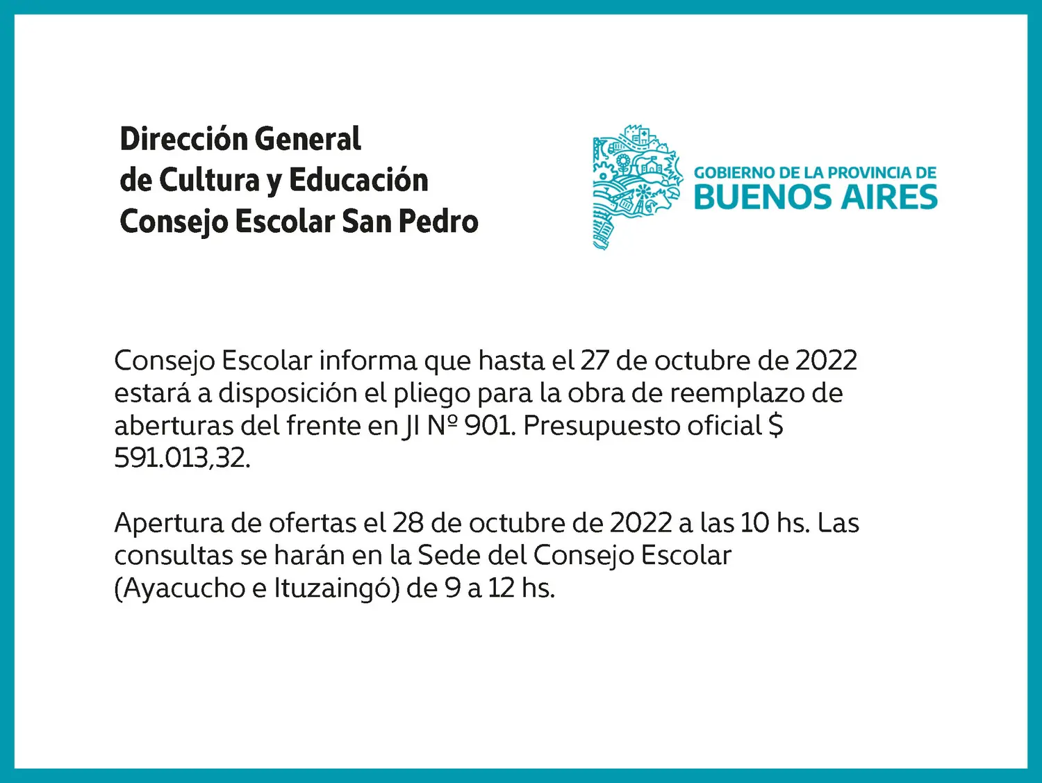 [Publicación Oficial] Consejo Escolar San Pedro: Pliego para obras en Jardín N° 901