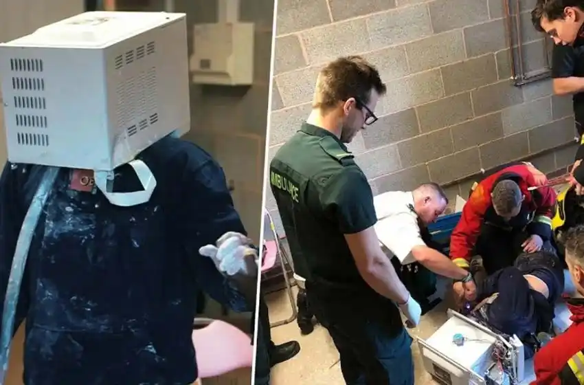 Metió su cabeza en un microondas lleno de cemento