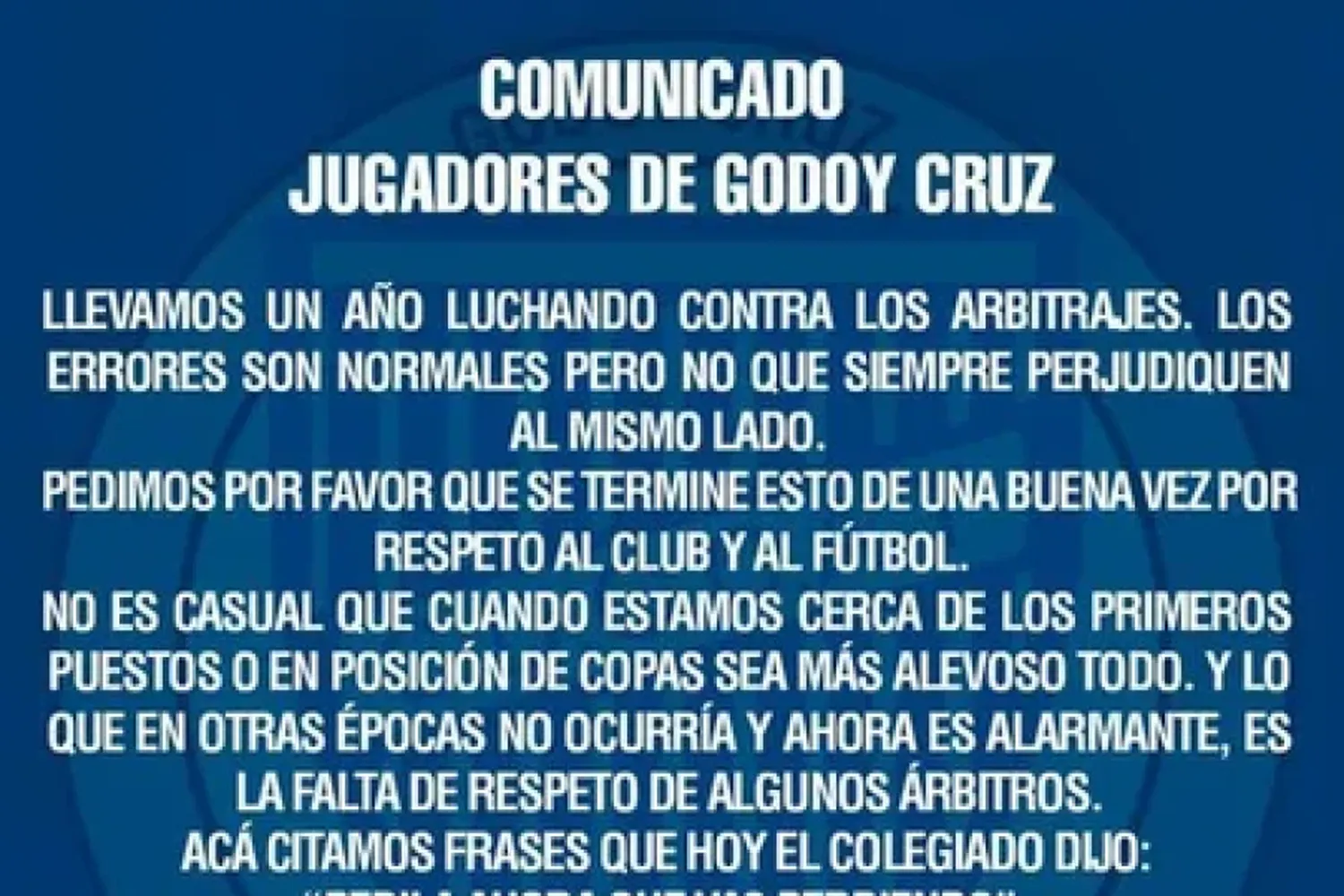 Comunicado de Godoy Cruz contra los arbitrajes