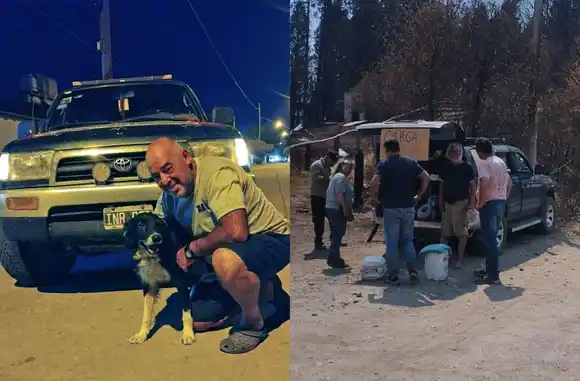 Norberto "Tano" Cafiel y su perro Goyo, ya están dando una mano en la Patagonia