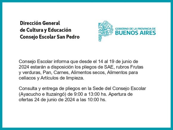 [Publicación Oficial] Consejo Escolar San Pedro: Pliegos SAE a disposición
