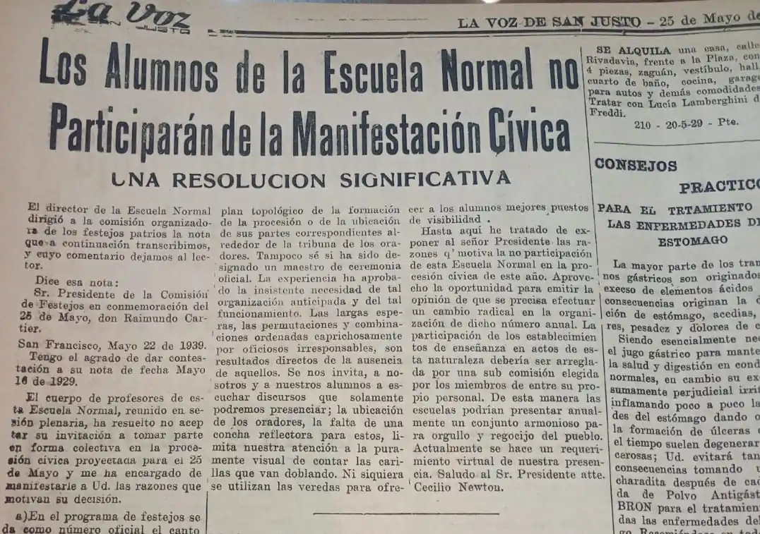 La noticia que anunciaba la ausencia de la Escuela Normal en el desfile del 25 de Mayo de 1929. (Archivo)