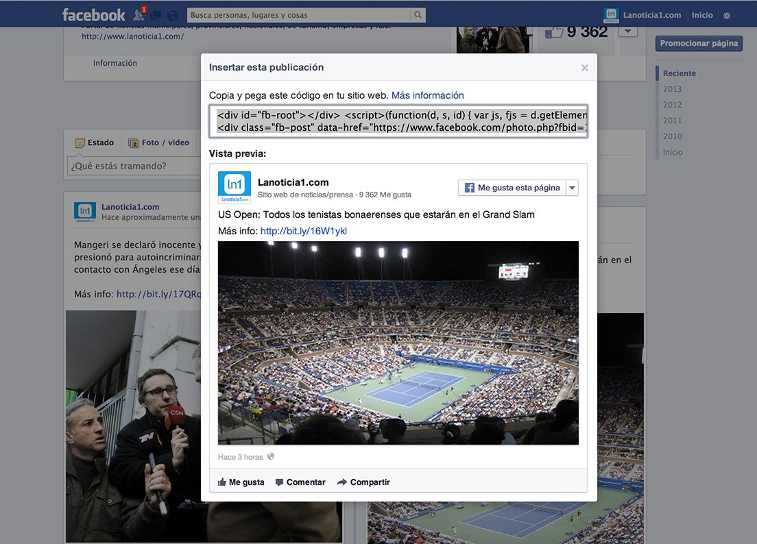 Al igual que Twitter, Facebook permite insertar publicaciones en sitios web