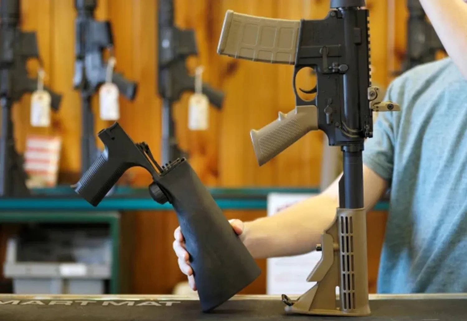 A bump stock,left, displayed at Good Guys Gun Shop in Orem, Utah, on Oct. 4, 2017