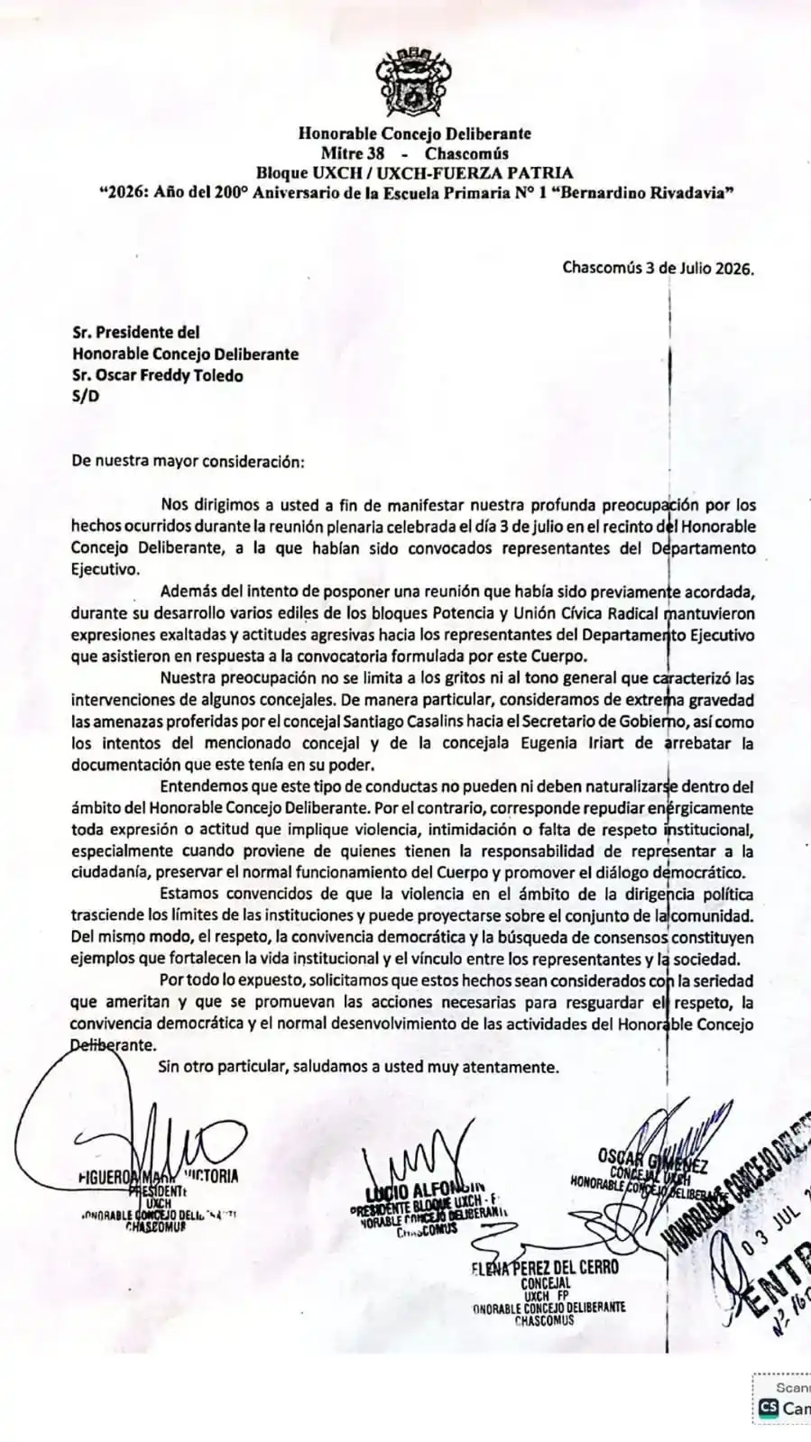 Tensión en el Concejo Deliberante: el bloque UXCH-Fuerza Patria denunció agresiones y amenazas en una reunión plenaria