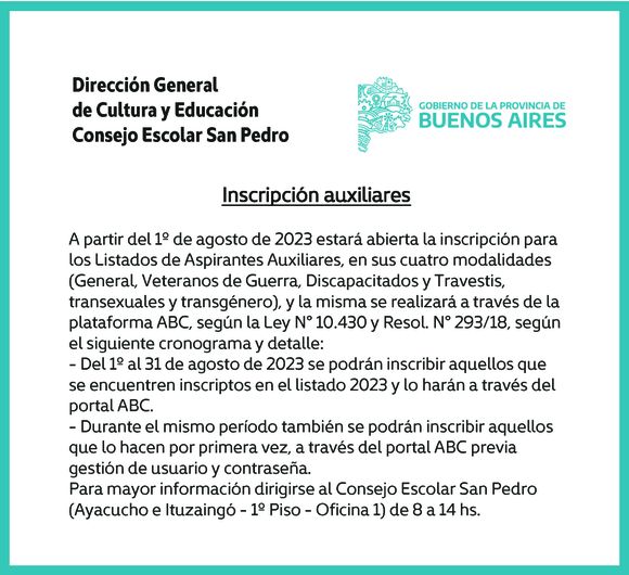 [Publicación Oficial] Consejo Escolar San Pedro: Apertura de inscripción de auxiliares