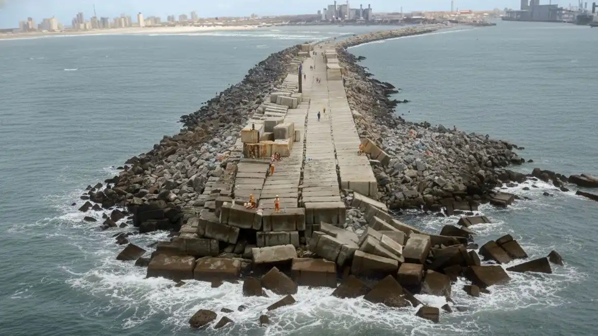 Emblemática. La enorme grúa Titán fue clave en la construcción de la escollera necochense