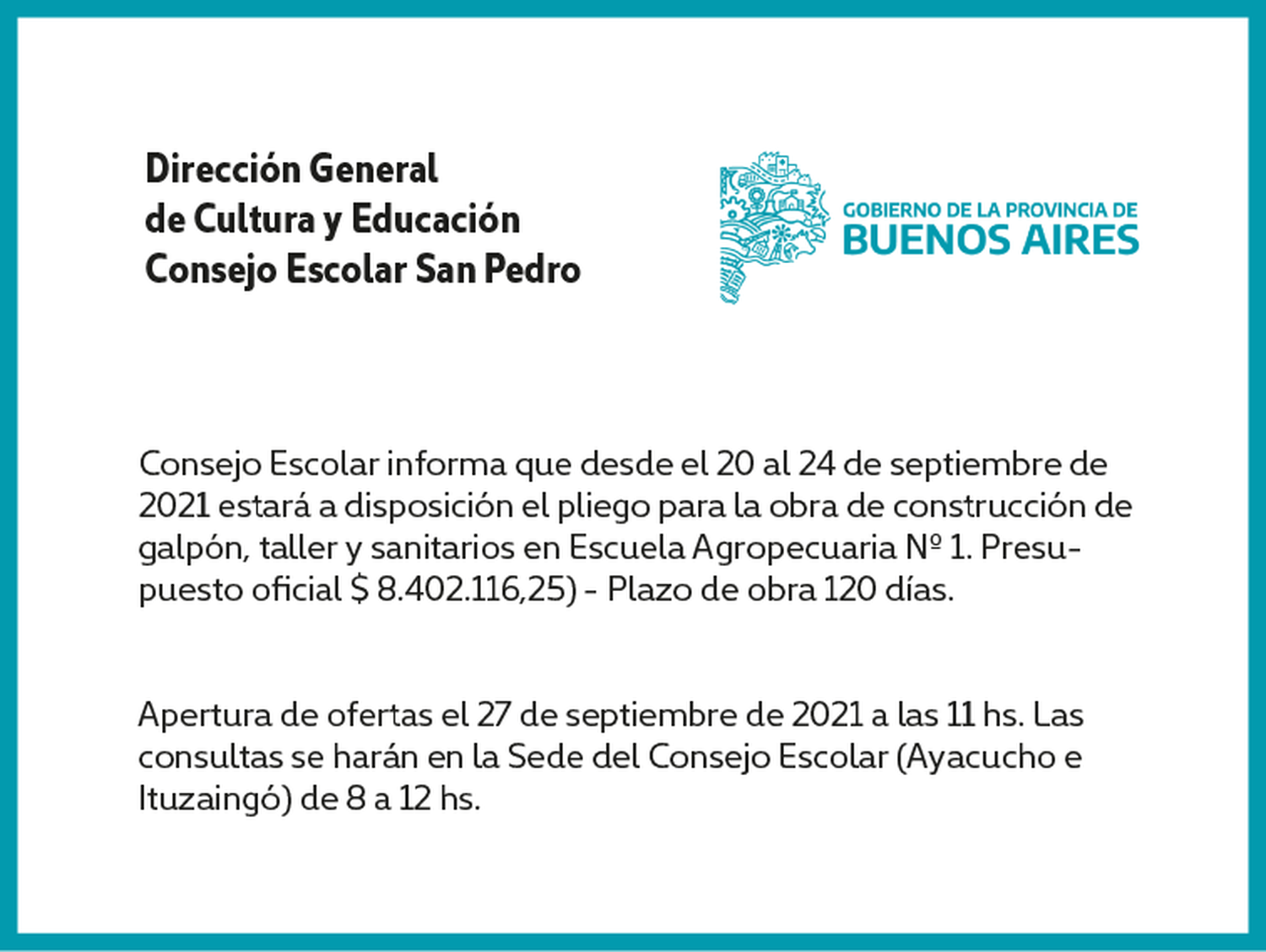 [Publicación Oficial] Informe Consejo Escolar: pliegos disponibles para obra en Escuela Agropecuaria