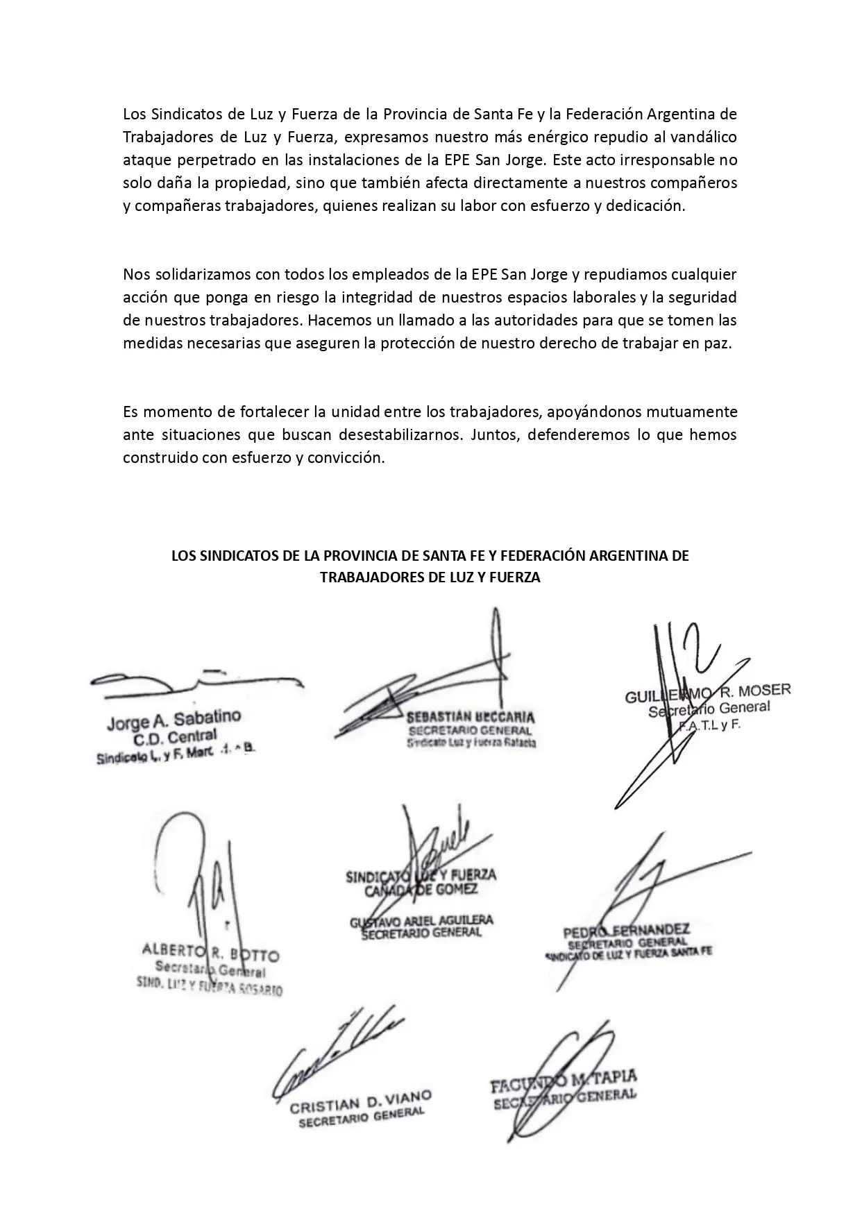 Luz y Fuerza repudió el violento ataque en las oficinas de la EPE San Jorge