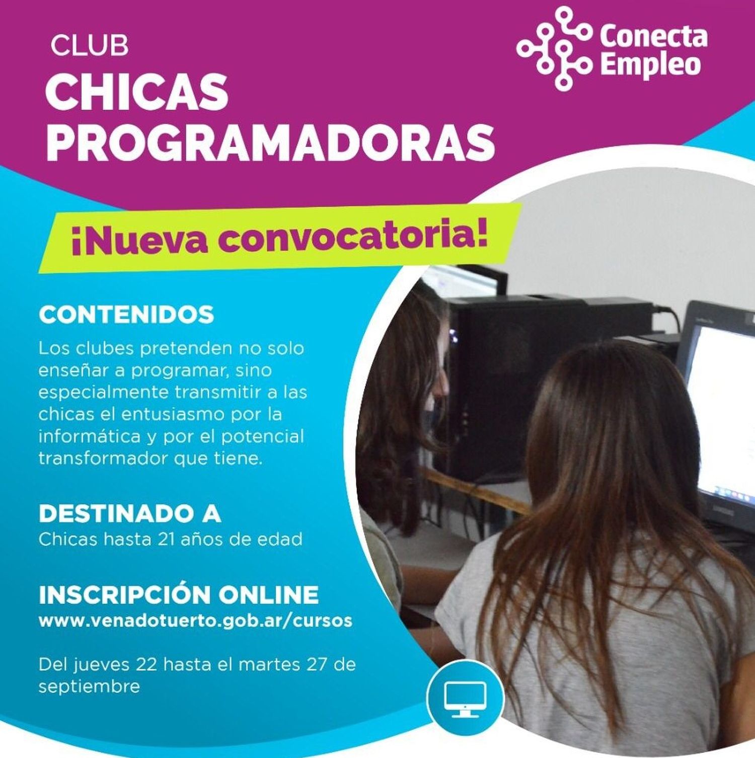 Convocan a mujeres de 12 a 21 años para aprender informática y programación