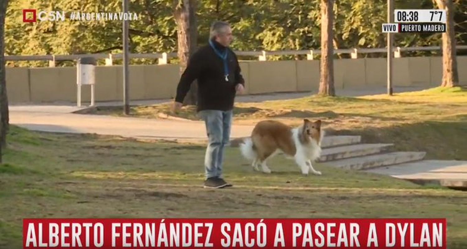 Alberto Fernández sacó a pasear a su perro Dylan y confirmó que "Cristina no viene"