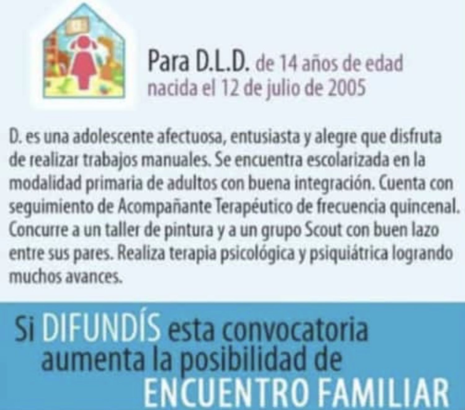 Buscan una familia para una adolescente