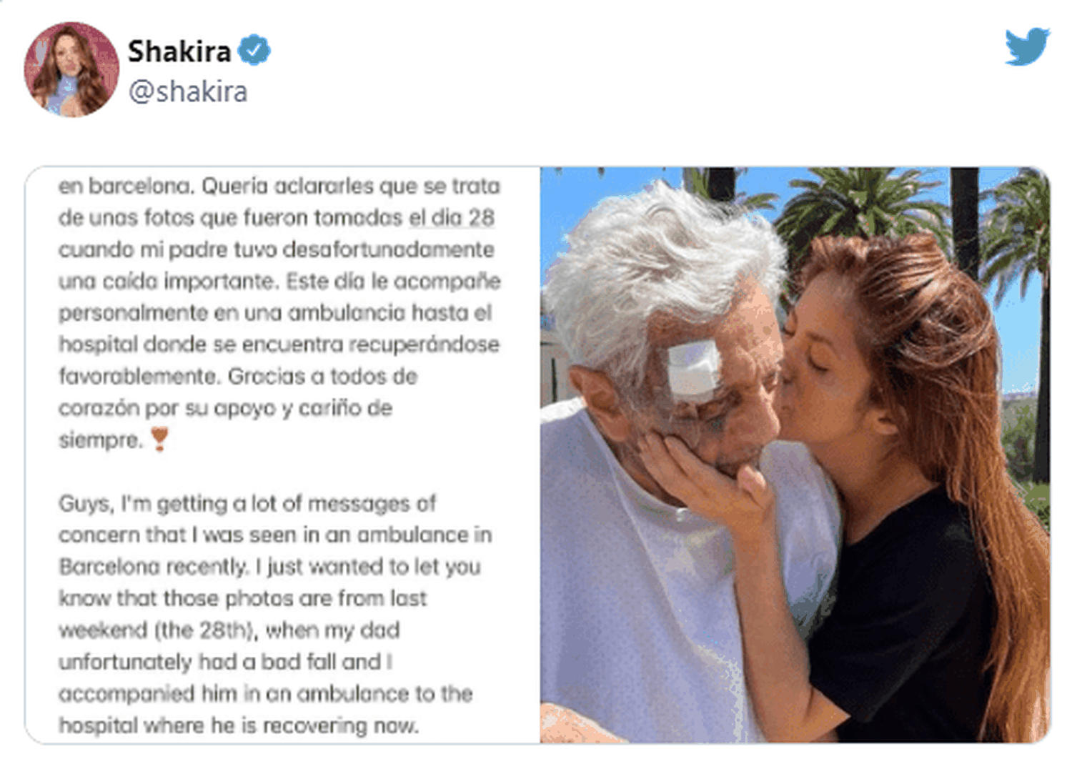 Shakira contó qué le sucedió a su padre. Foto Twitter