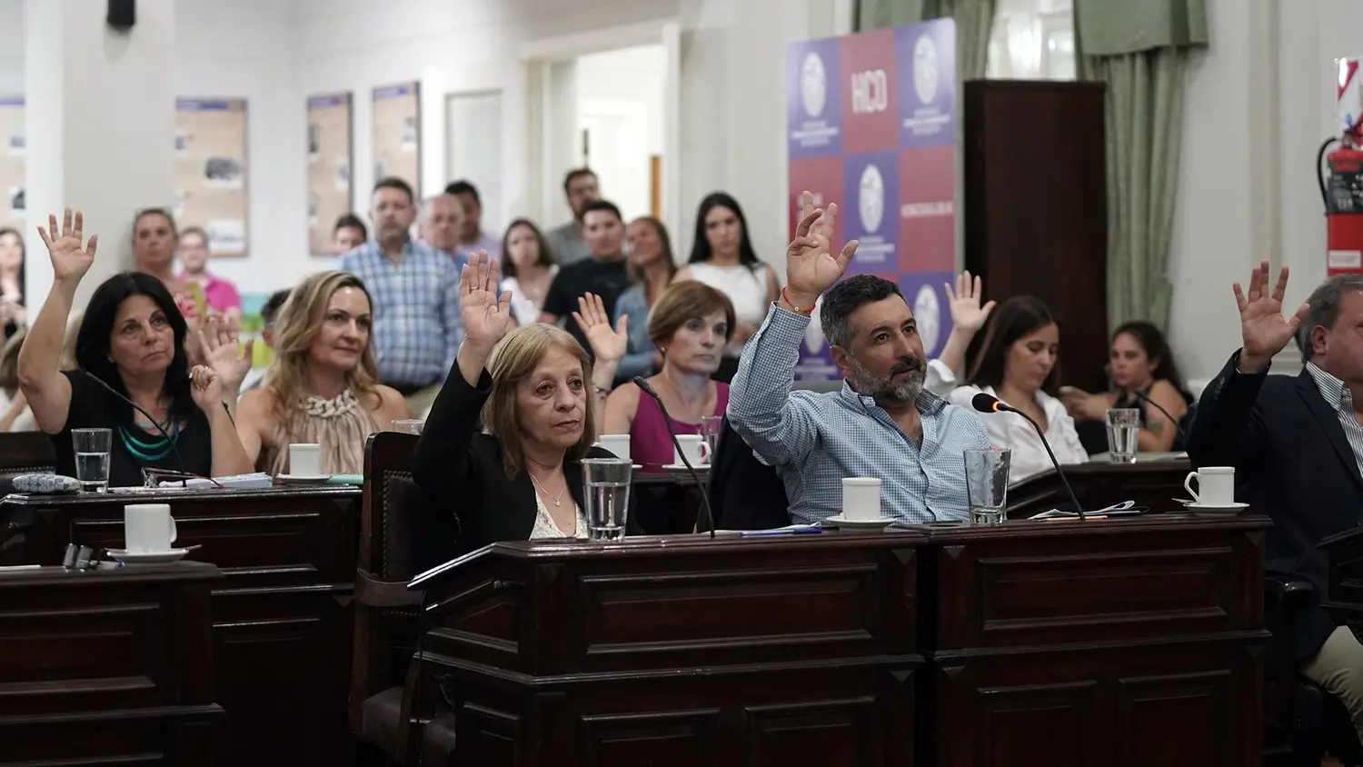 El bloque de Nueva Necochea votando en favor del proyecto enviado por el Ejecutivo