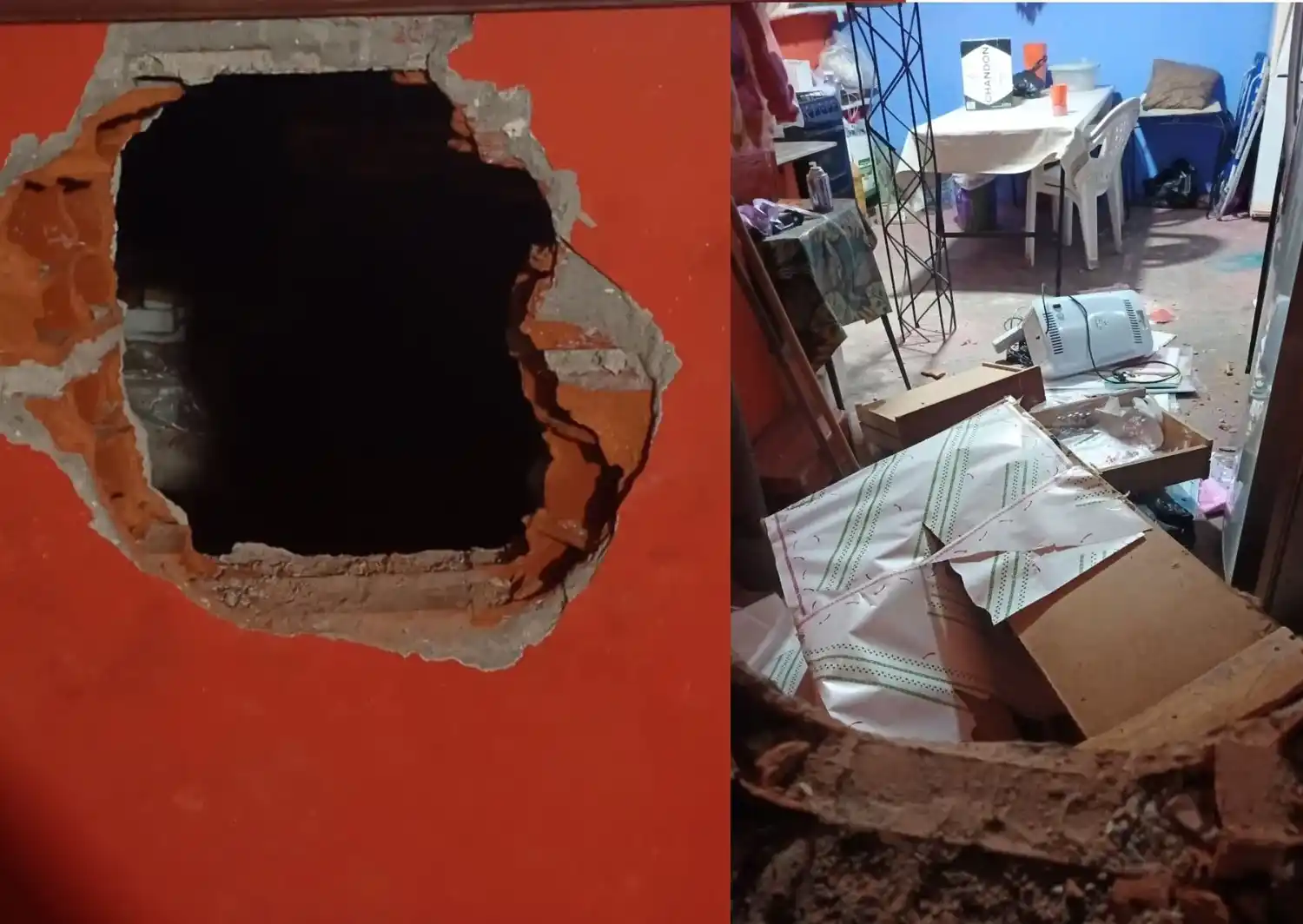 El hueco que hicieron los delincuentes para ingresar a la florería.