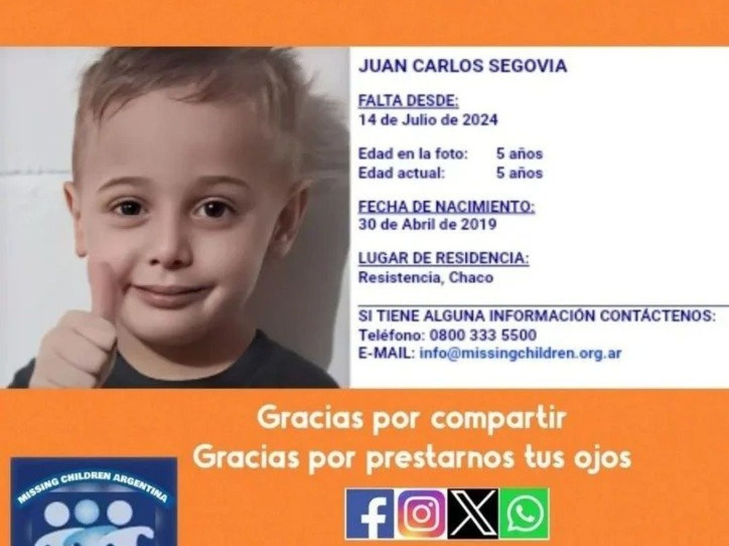 Buscan a un nene de 5 años que despareció de Chaco en julio