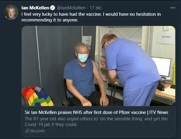 Ian Mackellen publicó su experiencia. Foto: Twitter