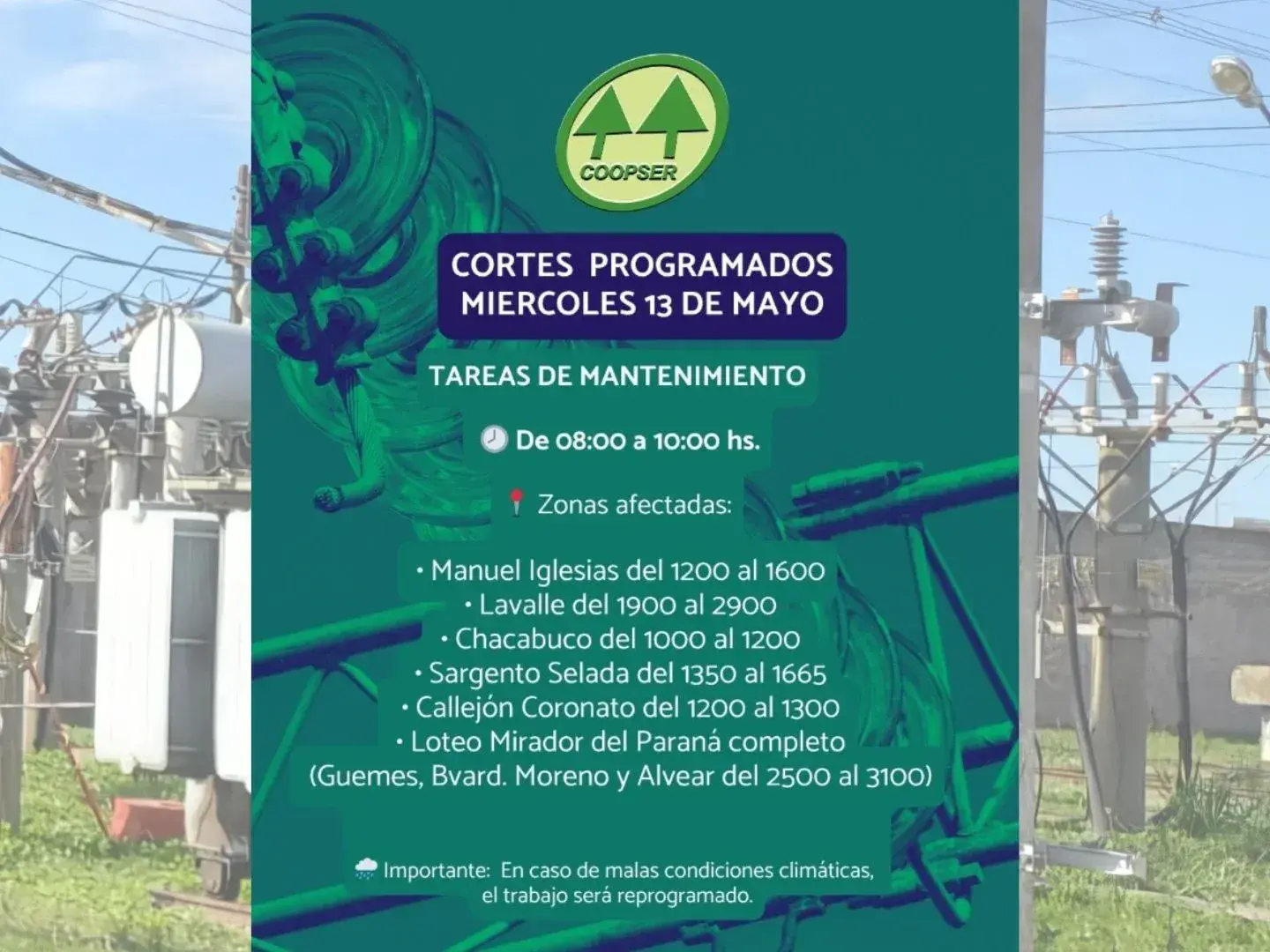 La CoopSer continúa con los cortes programados en diferentes sectores del distrito.