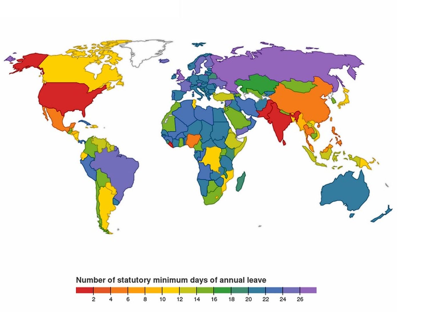 Un mapa muestra la cantidad de días de vacaciones por país