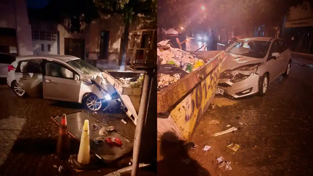 Impactante accidente: un auto chocó de lleno contra un contenedor en barrio 9 de Julio