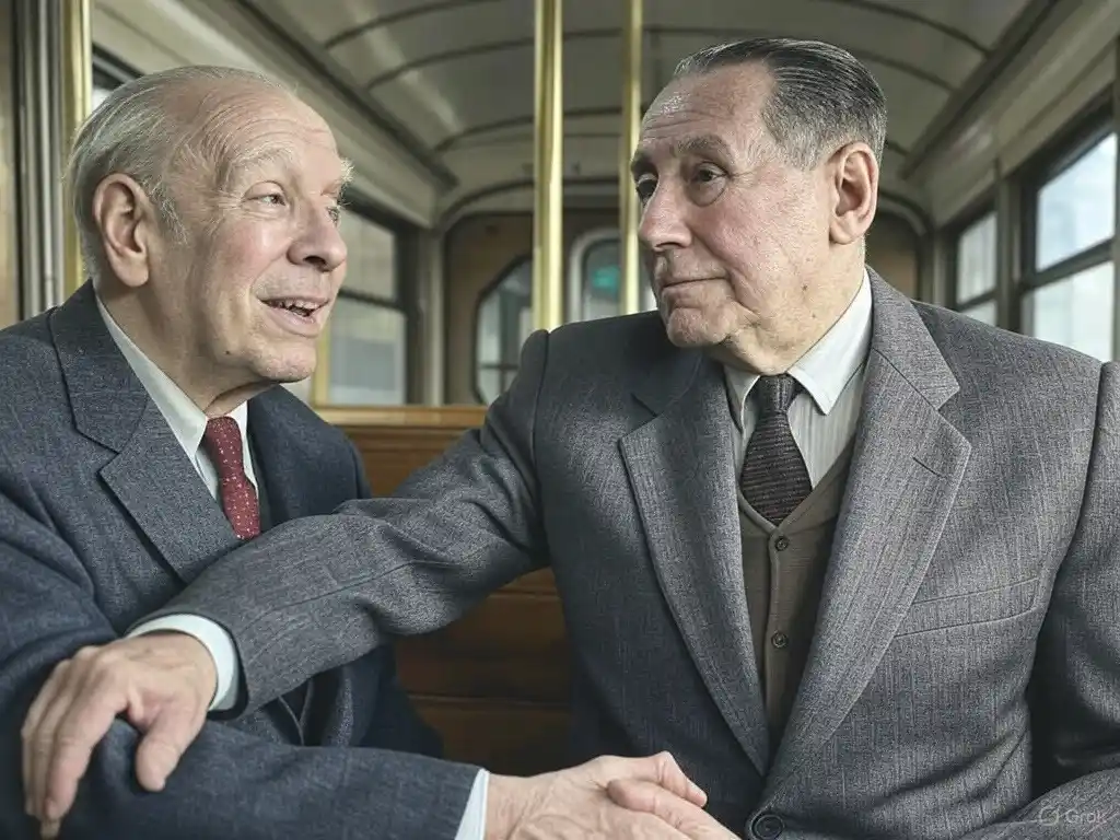 Saludo. Borges y Perón, un saludo y un sueño. Imagen generada por IA.