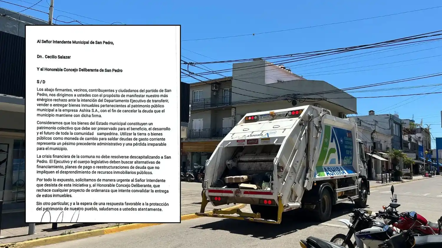 El petitorio que vienen firmando los vecinos es por la negativa a entregar cualquier patrimonio municipal a cambio de la deuda con la empresa Ashira S.A.