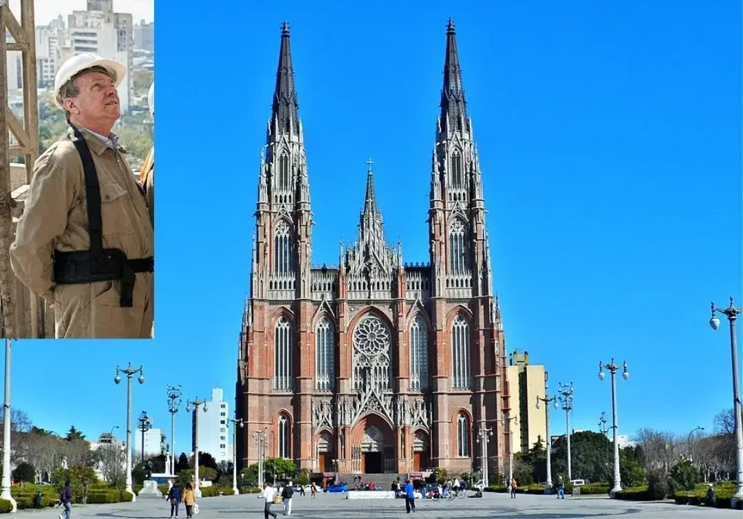 La Catedral de La Plata y el ingeniero Jorge Mario Ocaña, durante una inspección de la obra en los últimos años de la década del '90-Foto de la Catedral tomada de CREATIVE COMMONS (ALEKSANDRS TIMOFEJEV)