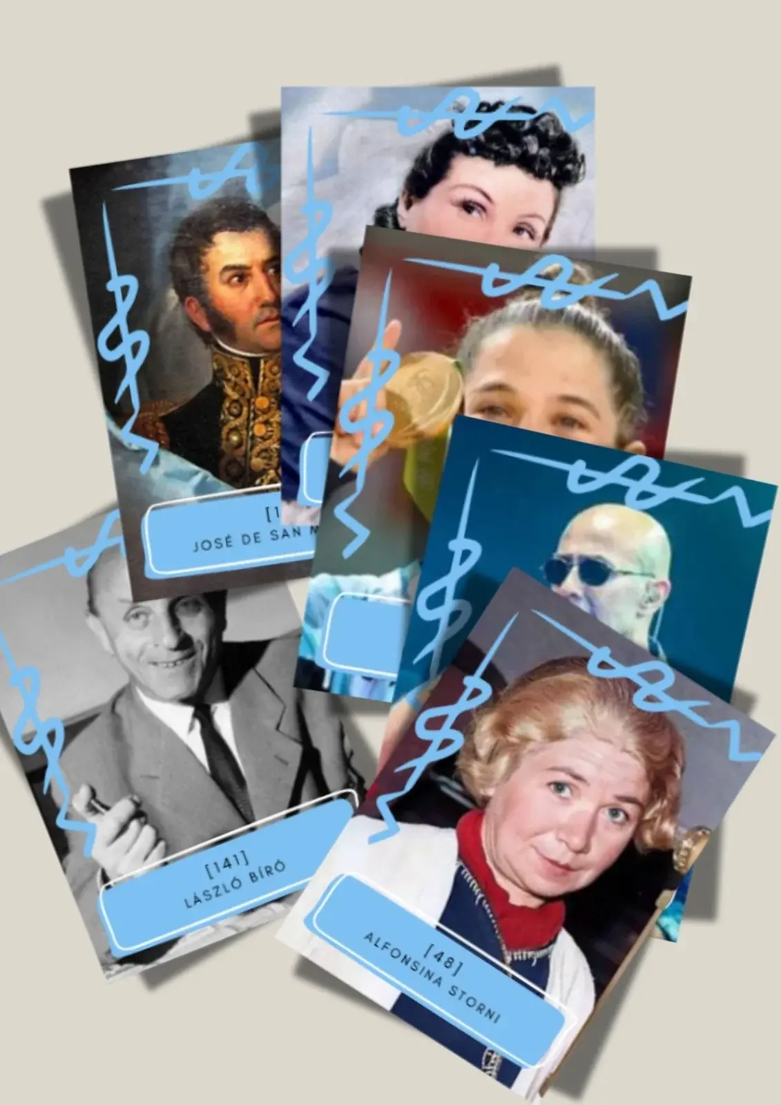 Las figuritas que integran el álbum creado por Santiago Elizondo con personajes de la historia argentina.