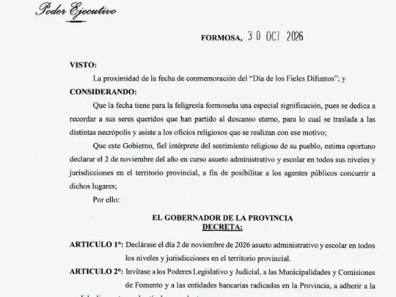 Formosa declaró asueto administrativo y escolar para este lunes 2 de noviembre